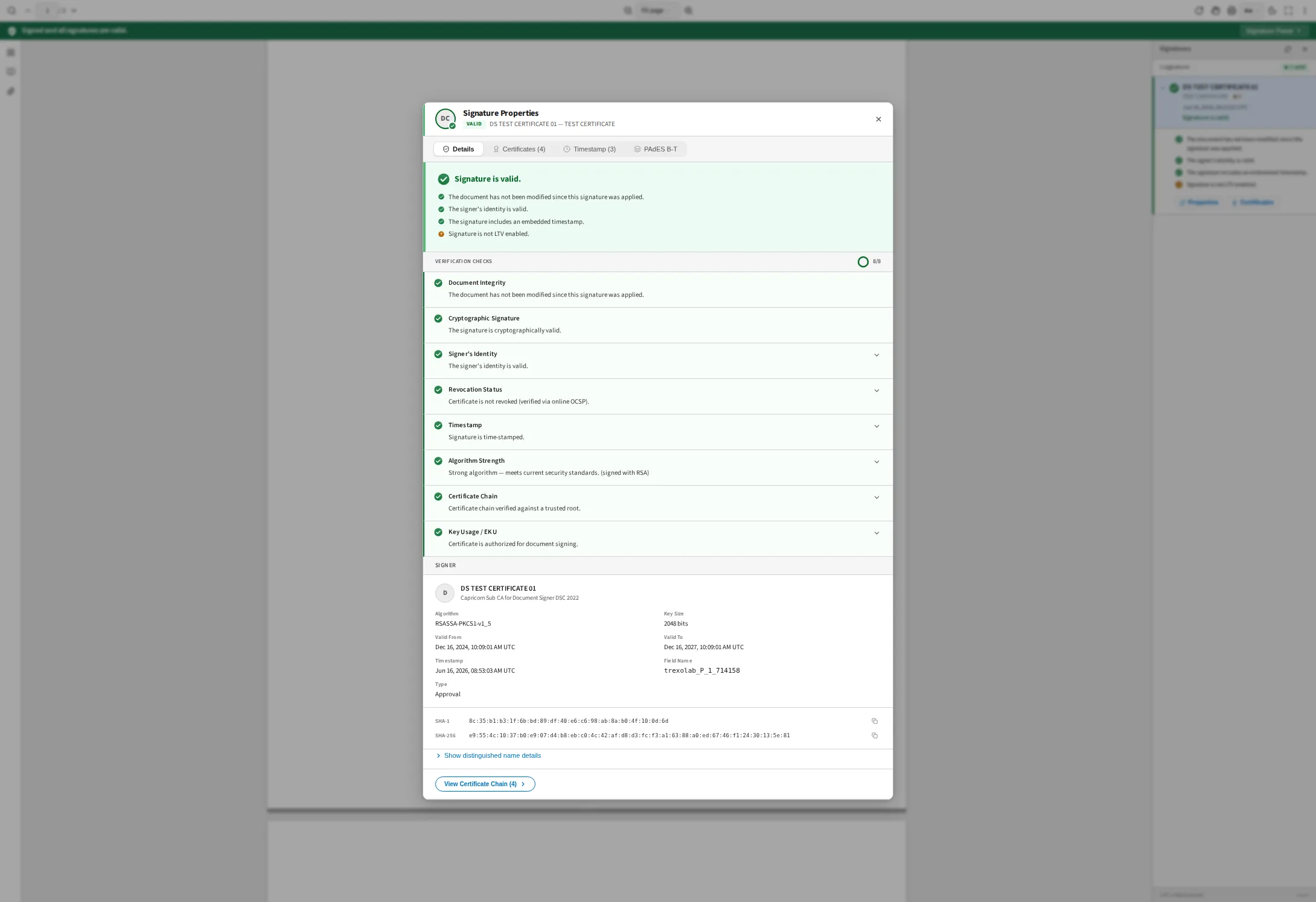 The VerifyKit viewer showing a signed PDF: a green bar reading “Signed and all signatures are valid”, the signature properties dialog listing eight verification checks, and the signature panel beside it.