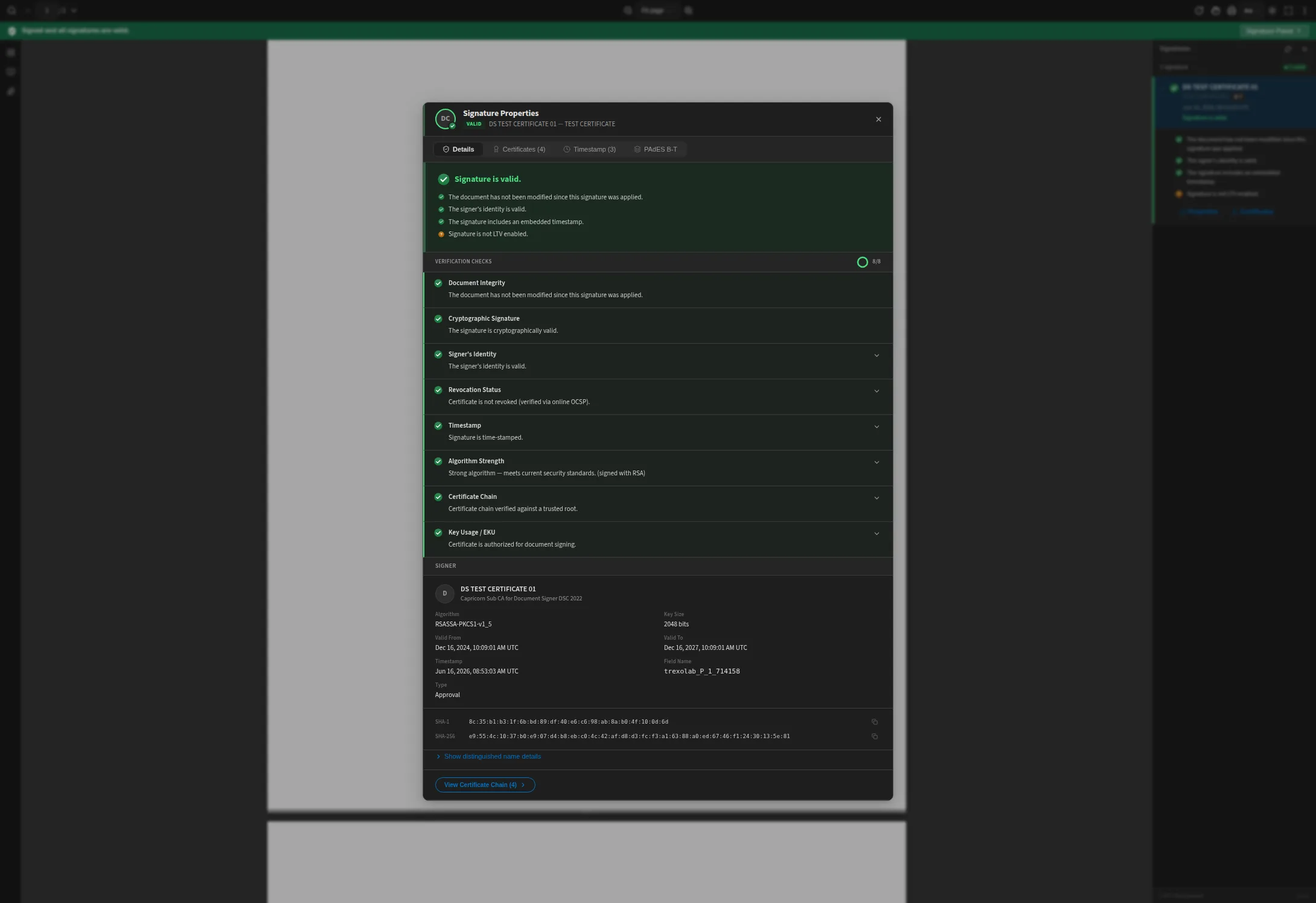 The signature properties dialog listing eight verification checks with an 8/8 badge, above the signer’s algorithm, key size, validity period and certificate fingerprints.