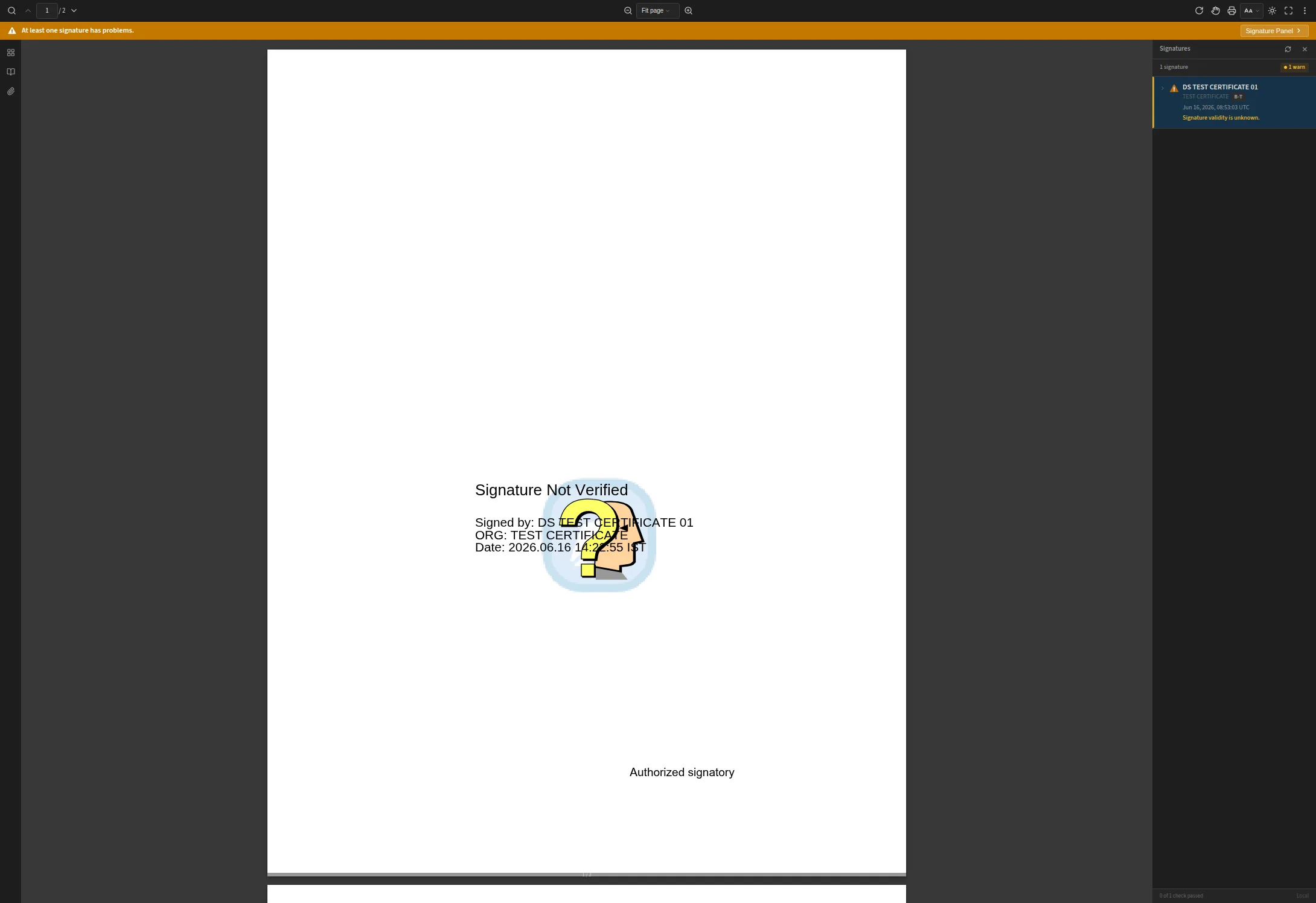 The VerifyKit viewer showing an amber bar reading “At least one signature has problems”, with the signature panel counting the signature under “1 warn”.