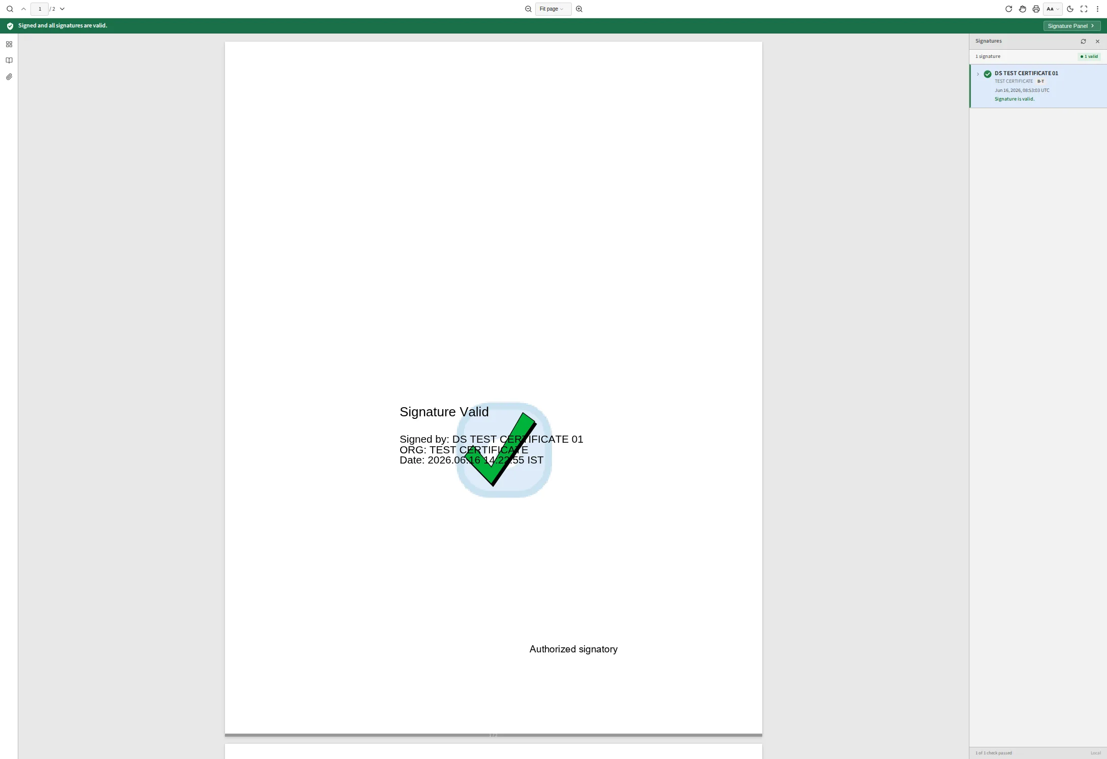 The VerifyKit viewer: a green bar reading “Signed and all signatures are valid”, the document with its signature stamp, and the signature panel listing DS TEST CERTIFICATE 01 at PAdES B-T.