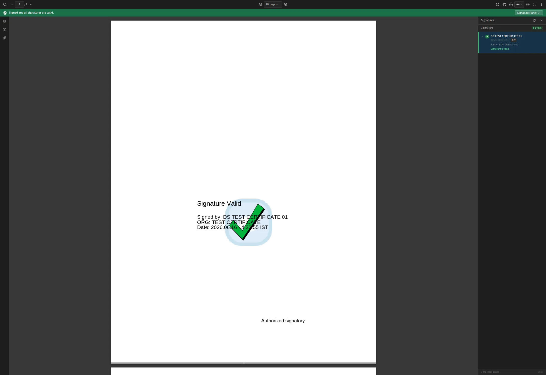 The VerifyKit viewer: a green bar reading “Signed and all signatures are valid”, the document with its signature stamp, and the signature panel listing DS TEST CERTIFICATE 01 at PAdES B-T.