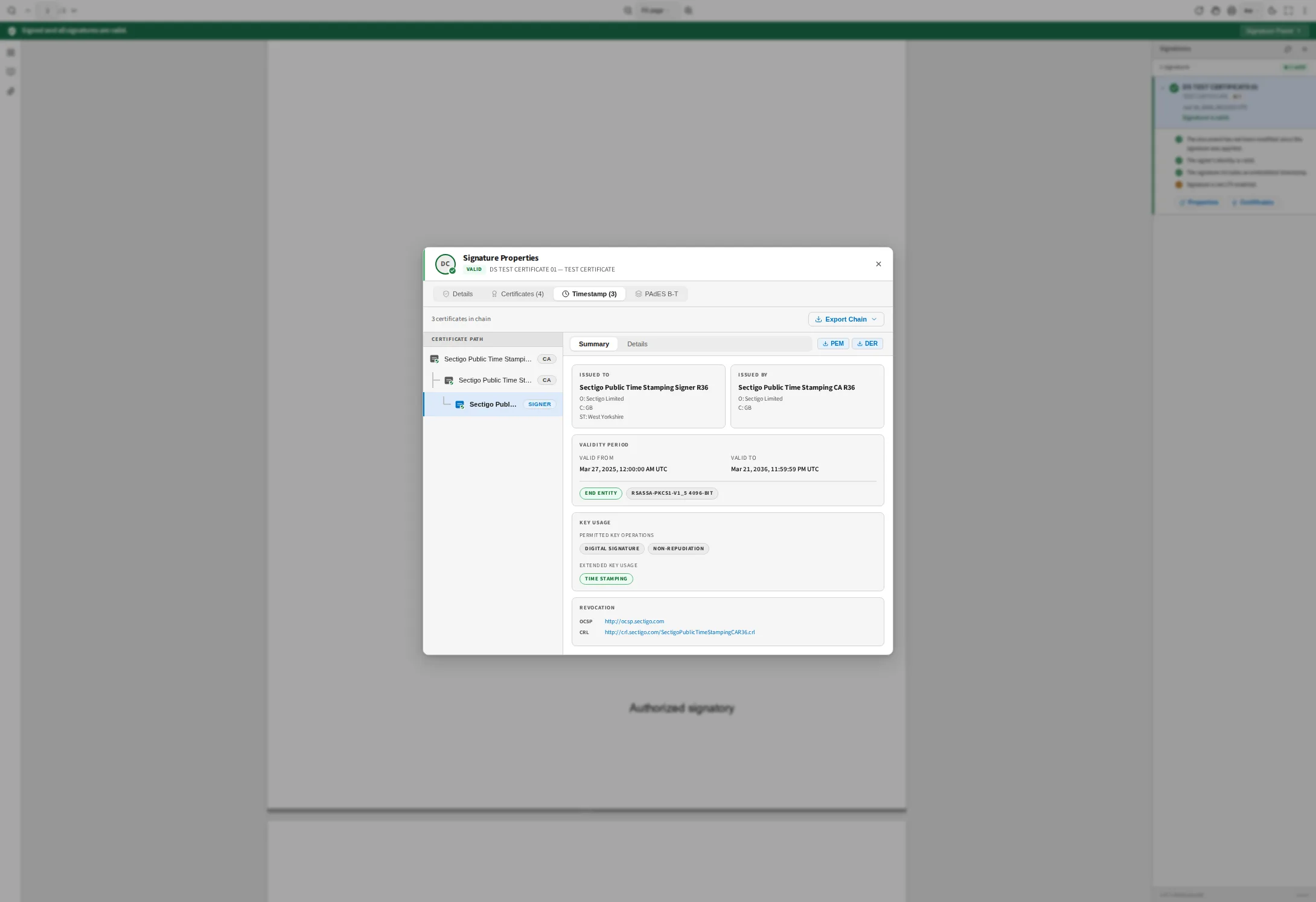 The timestamp tab showing the Sectigo time-stamping certificate chain, its validity period to 2036, and its time-stamping extended key usage.