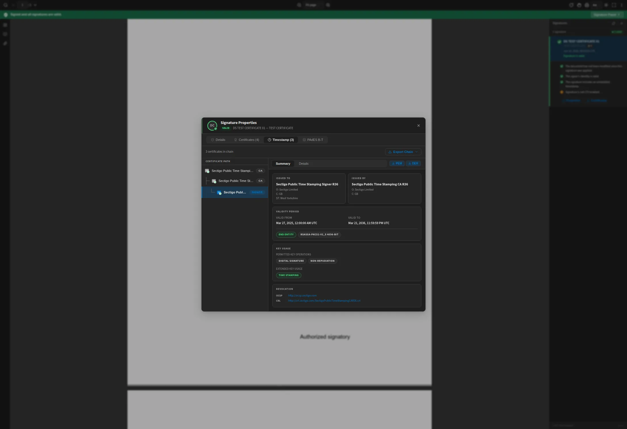 The timestamp tab showing the Sectigo time-stamping certificate chain, its validity period to 2036, and its time-stamping extended key usage.