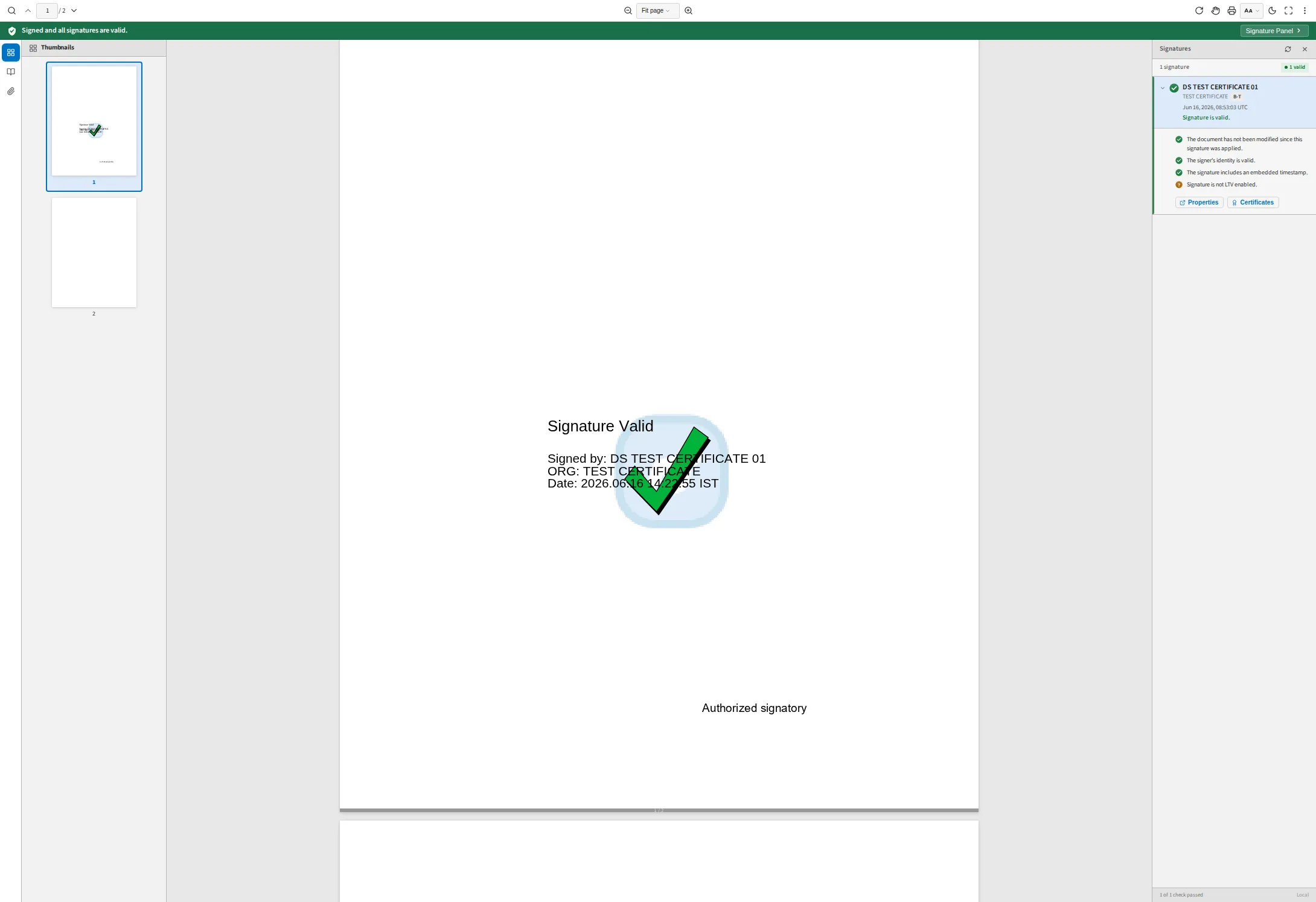 The VerifyKit viewer with its thumbnail sidebar open beside the document, showing both pages of the file.