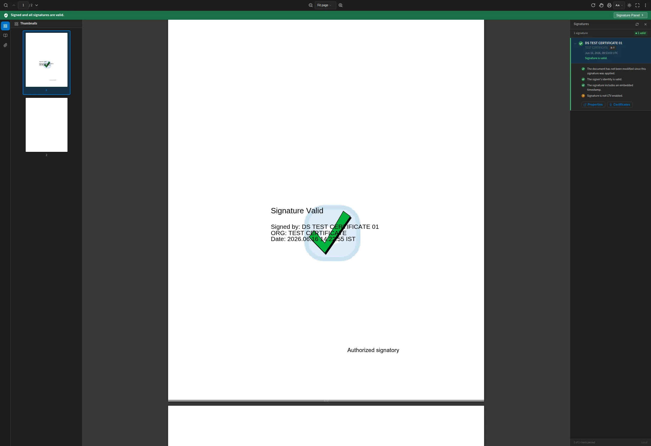 The VerifyKit viewer with its thumbnail sidebar open beside the document, showing both pages of the file.